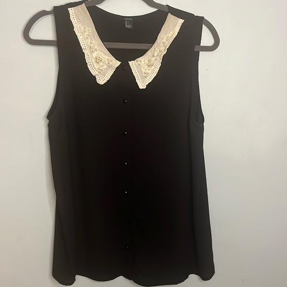 Forever 21 Black Sleeveless Blouse with White Pearl Collar Large - Picture 1 of 7
